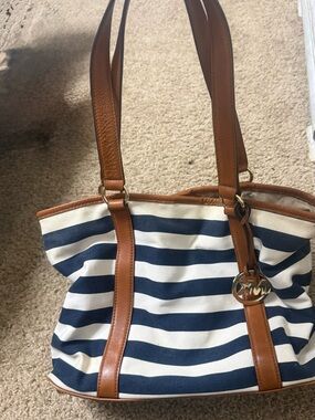 Michael Kors Navy and White Striped Tote with Brown Leather Trim